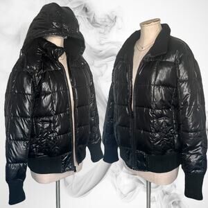 '94 Vintage OLD NAVY Quilted Puffer Jacket Gloss Removable Hood Coat Black XL